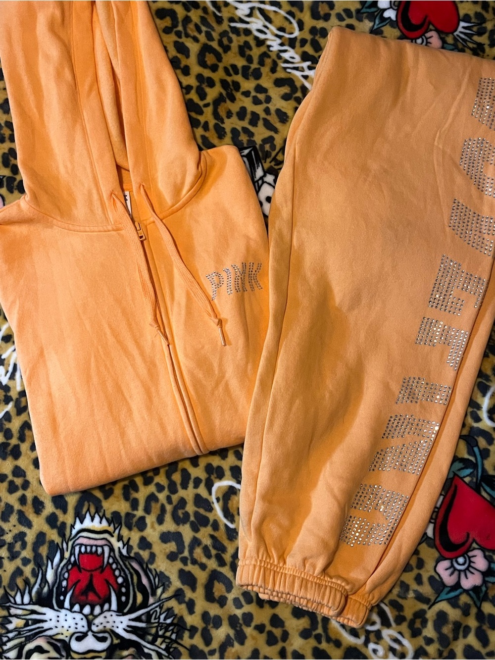PINK Victoria's Secret Orange Rhinestone Logo Hoodie & Joggers Set